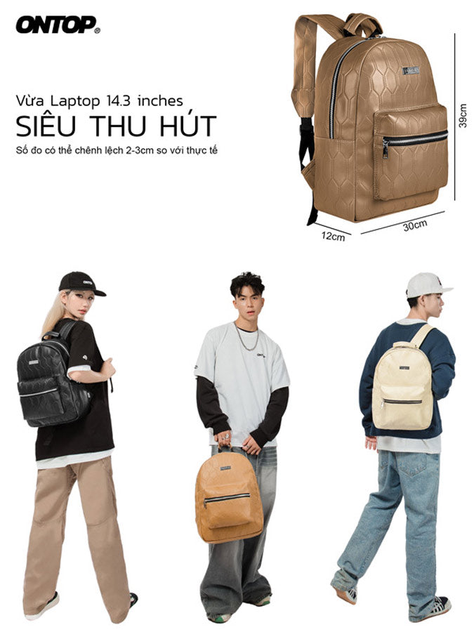 Three people holding different backpacks with ONTOP branding and product details.
