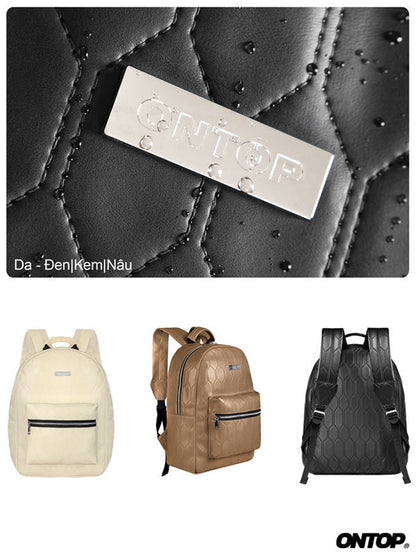 ONTOP backpacks in beige, brown, and black with a close-up of the brand logo on textured fabric.