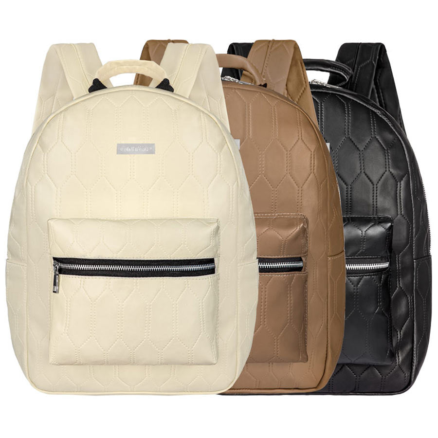 Three backpacks in beige, brown, and black on a white background