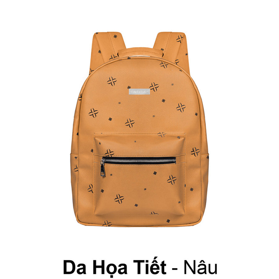 Orange backpack with star patterns on a white background