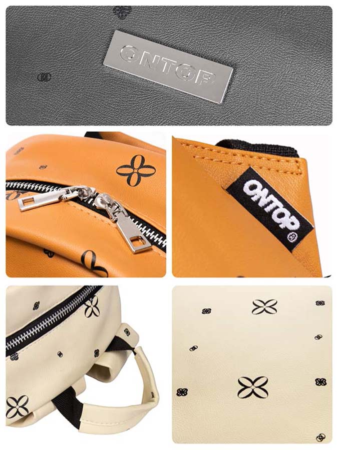 Collage of ONTOP branded products including a gray wallet, orange pouch with zipper, beige pouch with black pattern, and a white pouch.