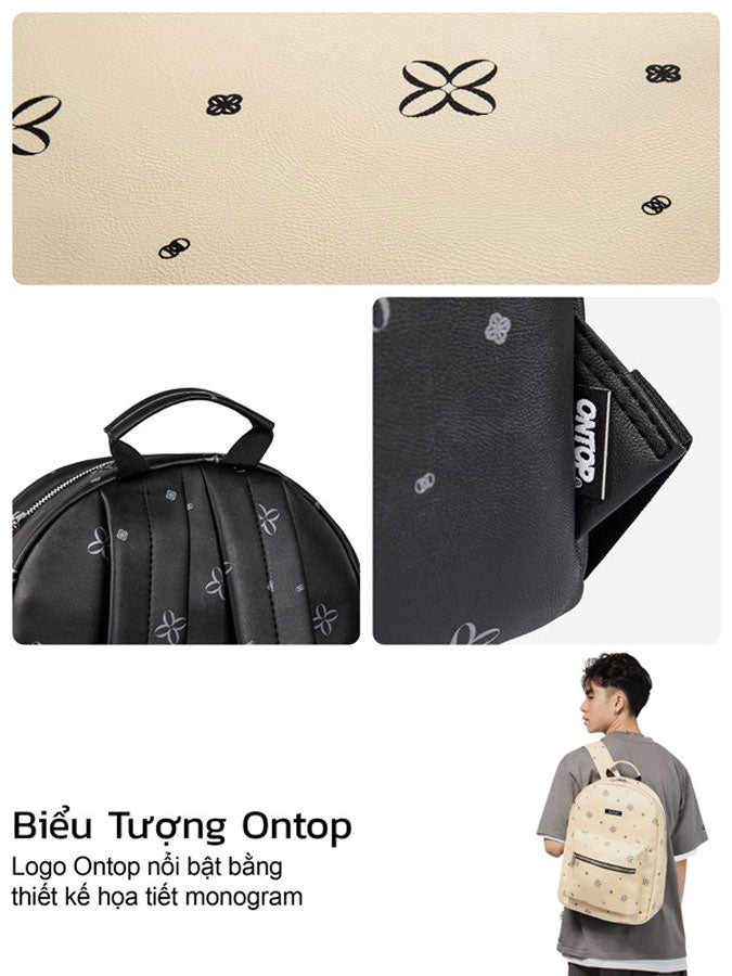 Collage of a black backpack, beige mat, and person wearing a beige backpack with Ontop branding.