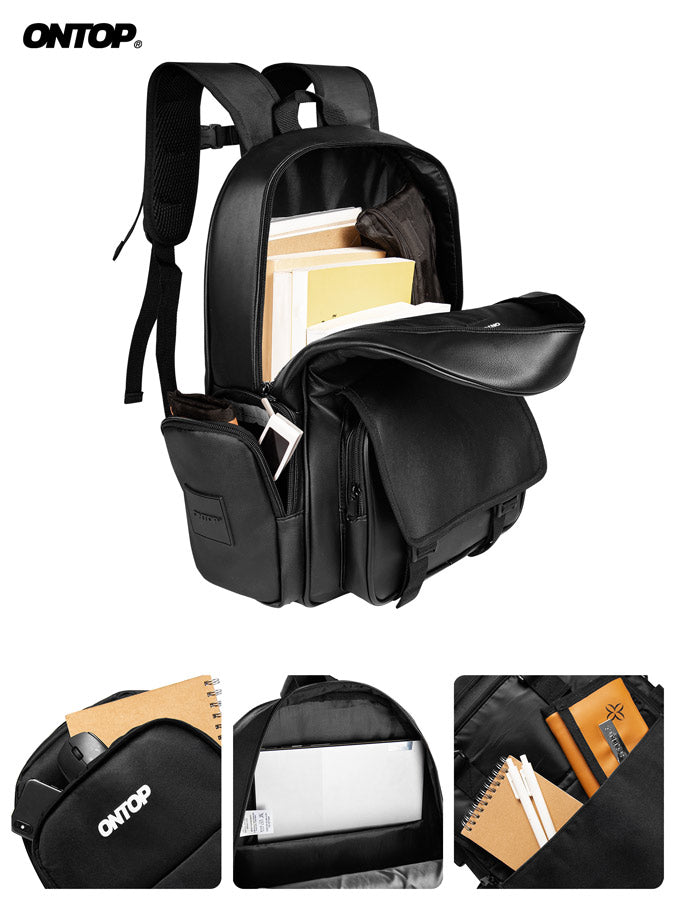 Black backpack with compartments and ONTOP branding on a white background