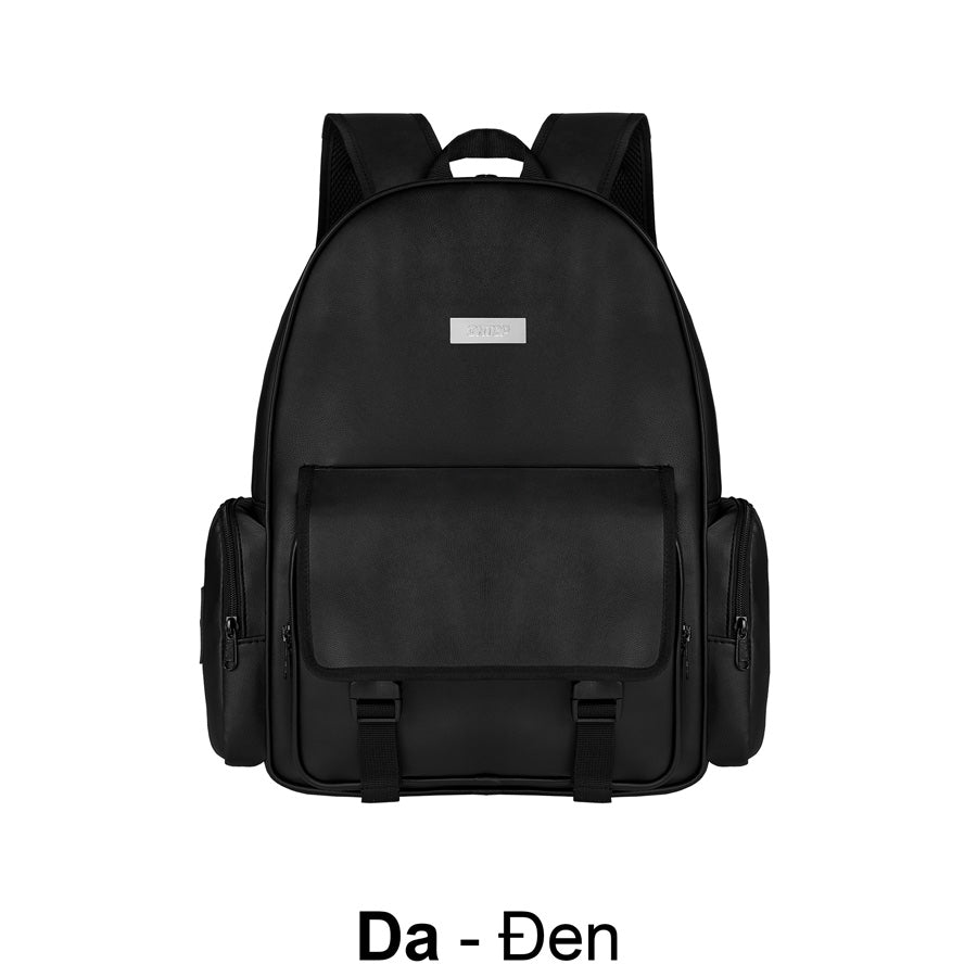 Black backpack with a visible brand logo on a white background