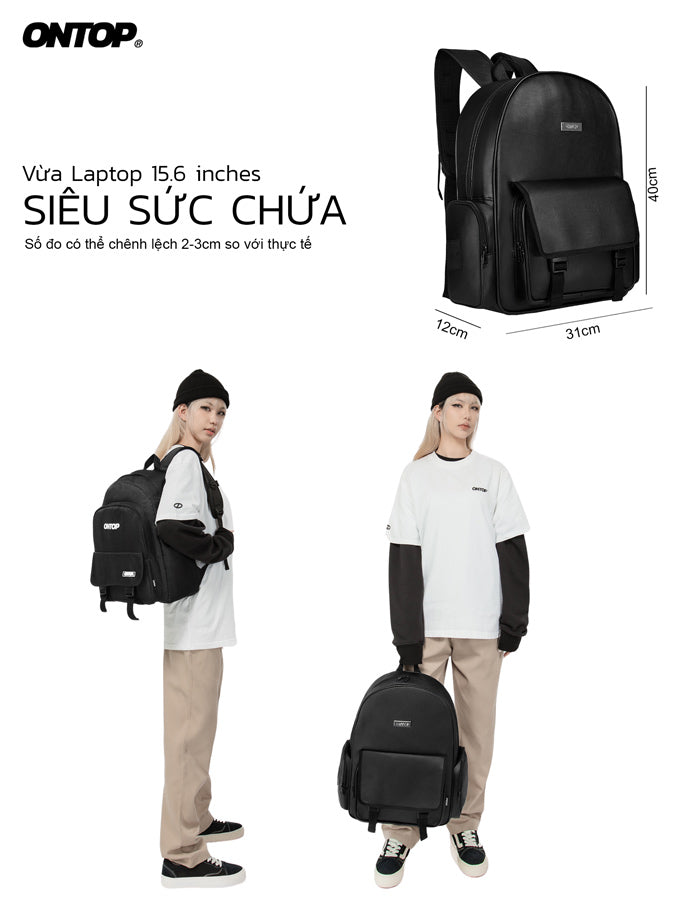 Black backpack with dimensions and two people wearing it, featuring the brand 'ONTOP'.