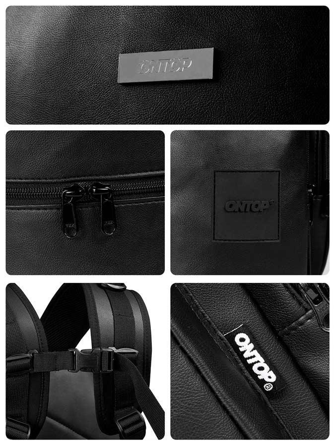 Black leather bag with 'ONTOP' branding, showing various angles and details.