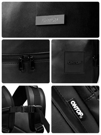 Black leather bag with 'ONTOP' branding, showing various angles and details.