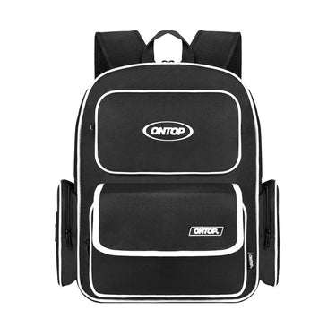 Black backpack with white accents and 'ONTOP' branding on a white background