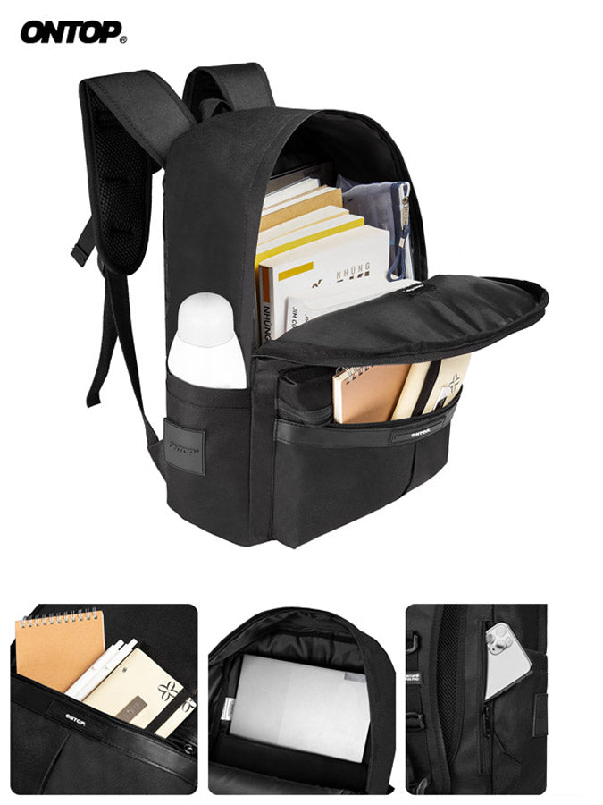 Black backpack with compartments and ONTOP branding on a white background