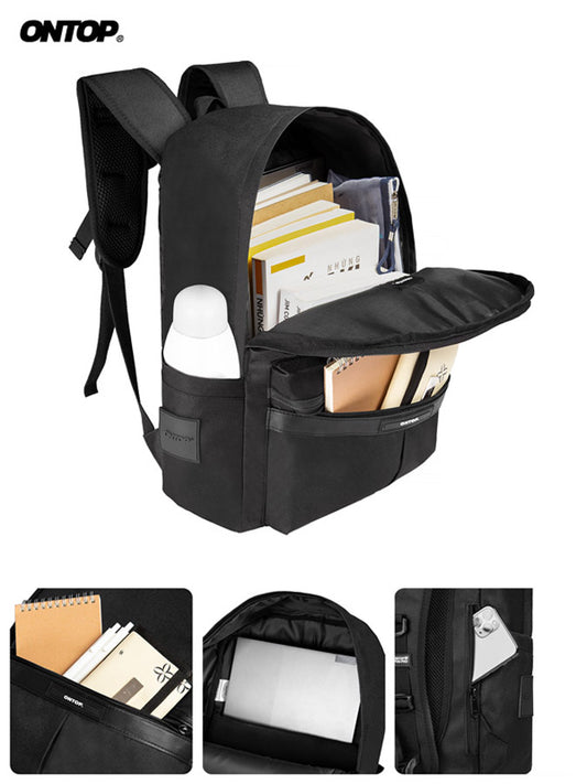 Black backpack with compartments and ONTOP branding on a white background
