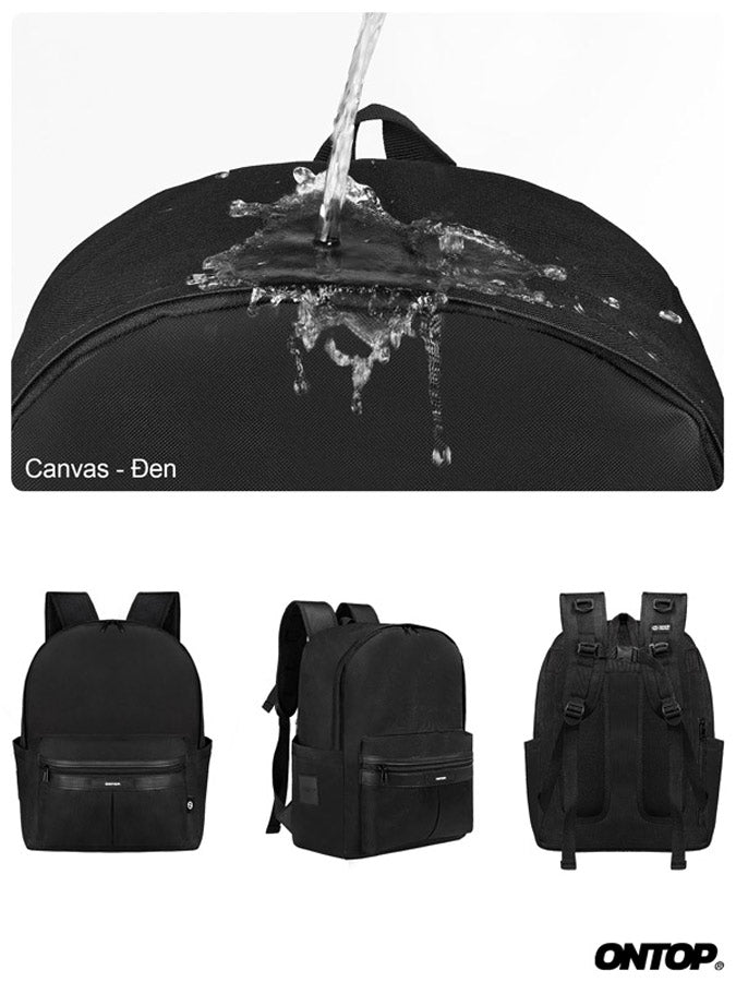 Black backpack with water resistance feature and ONTOP branding.