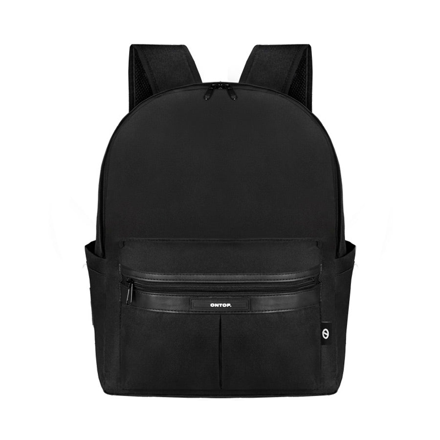 Black backpack with a visible brand logo on a white background