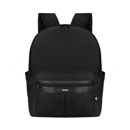 Black backpack with a visible brand logo on a white background