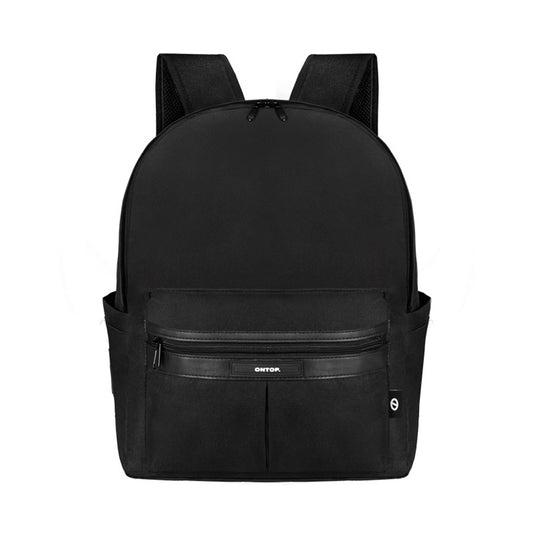 Black backpack with a visible brand logo on a white background
