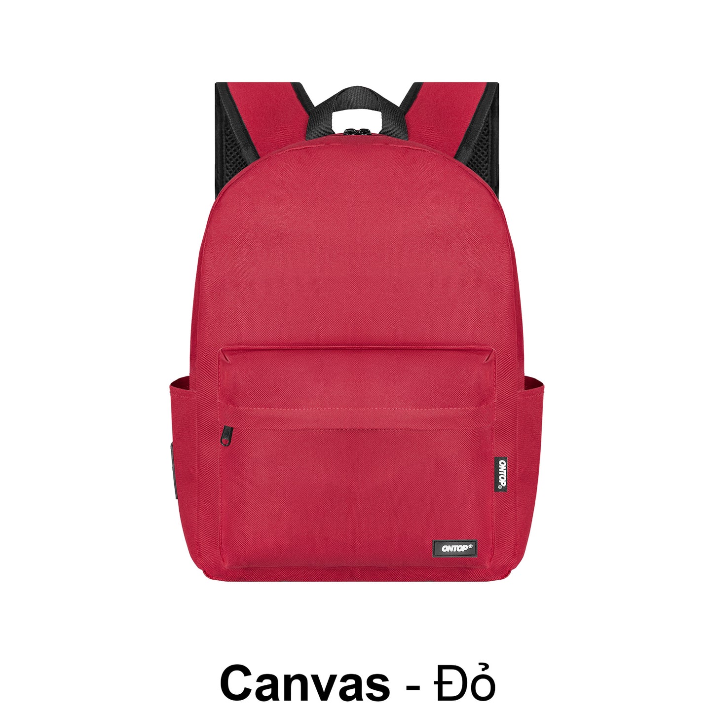 Red backpack with black accents on a white background