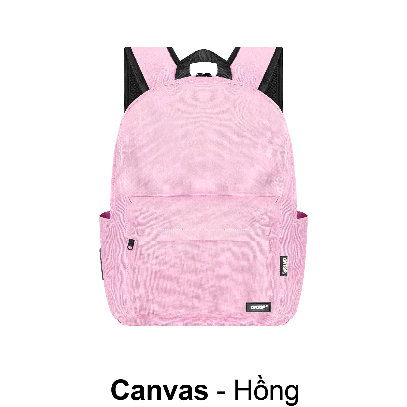 Pink backpack with black accents on a white background