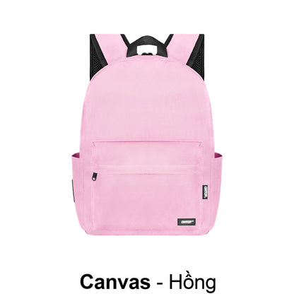 Pink backpack with black accents on a white background