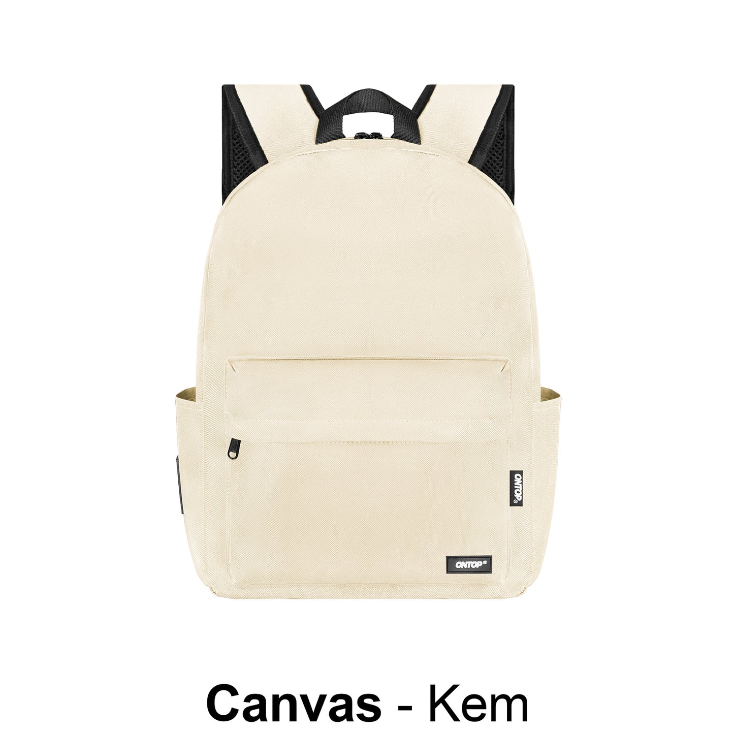 Beige backpack with black accents on a white background