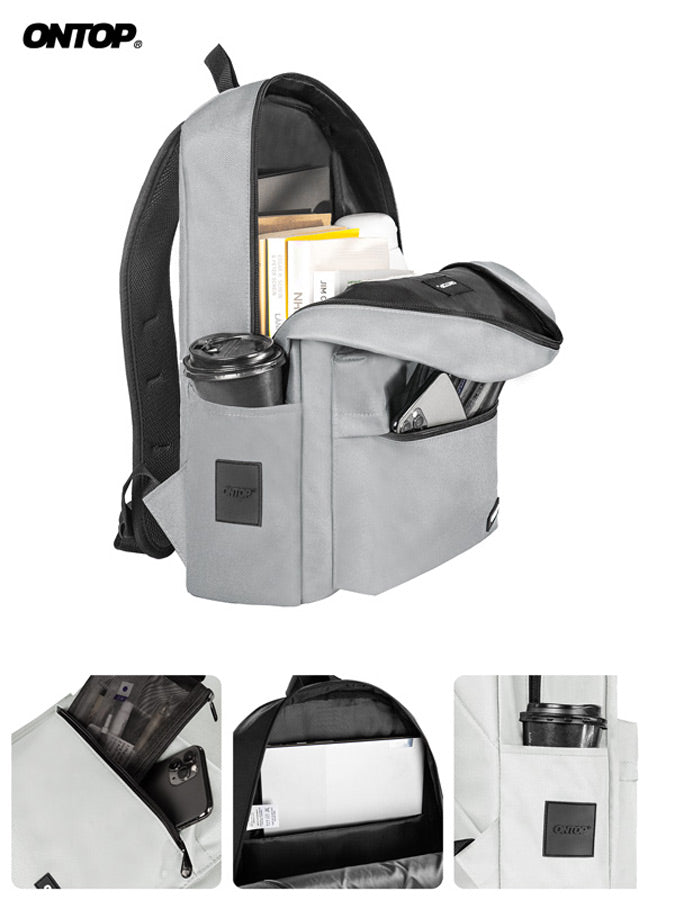 Gray backpack with compartments and a coffee cup holder, featuring the brand 'ONTOP'.