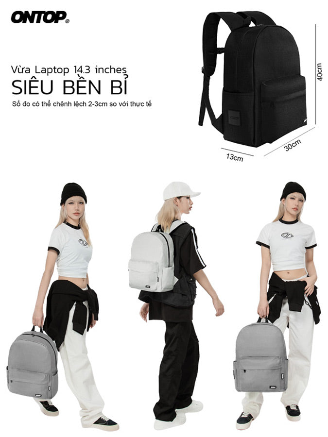 Black and gray backpacks with a person wearing each, featuring ONTOP branding.
