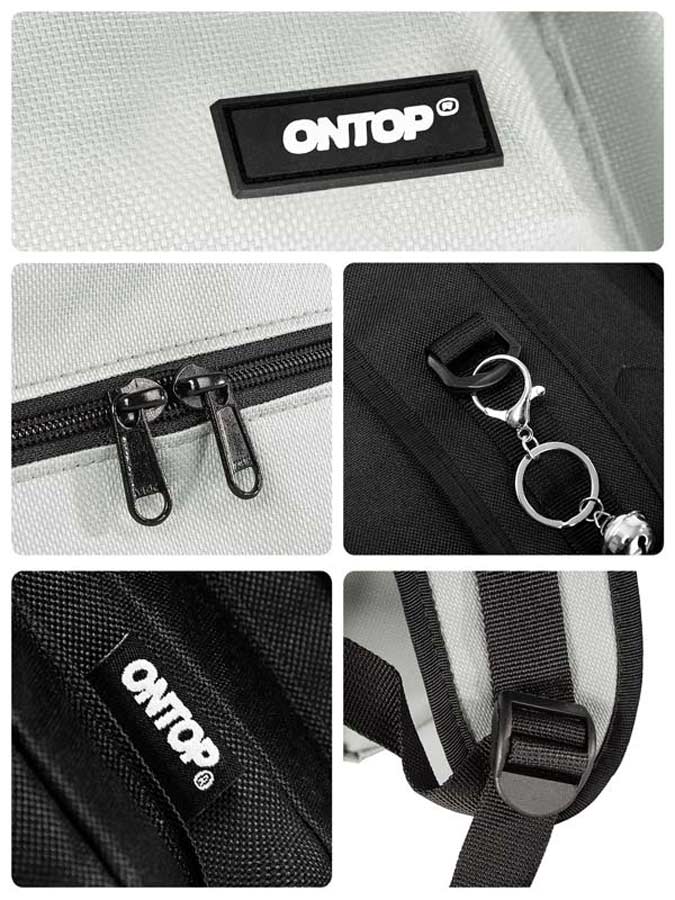 Collage of ONTOP branded bag features including zipper, keychain, and strap.