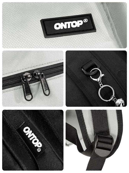 Collage of ONTOP branded bag features including zipper, keychain, and strap.