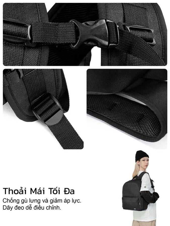 Black backpack with adjustable straps and a person wearing it.