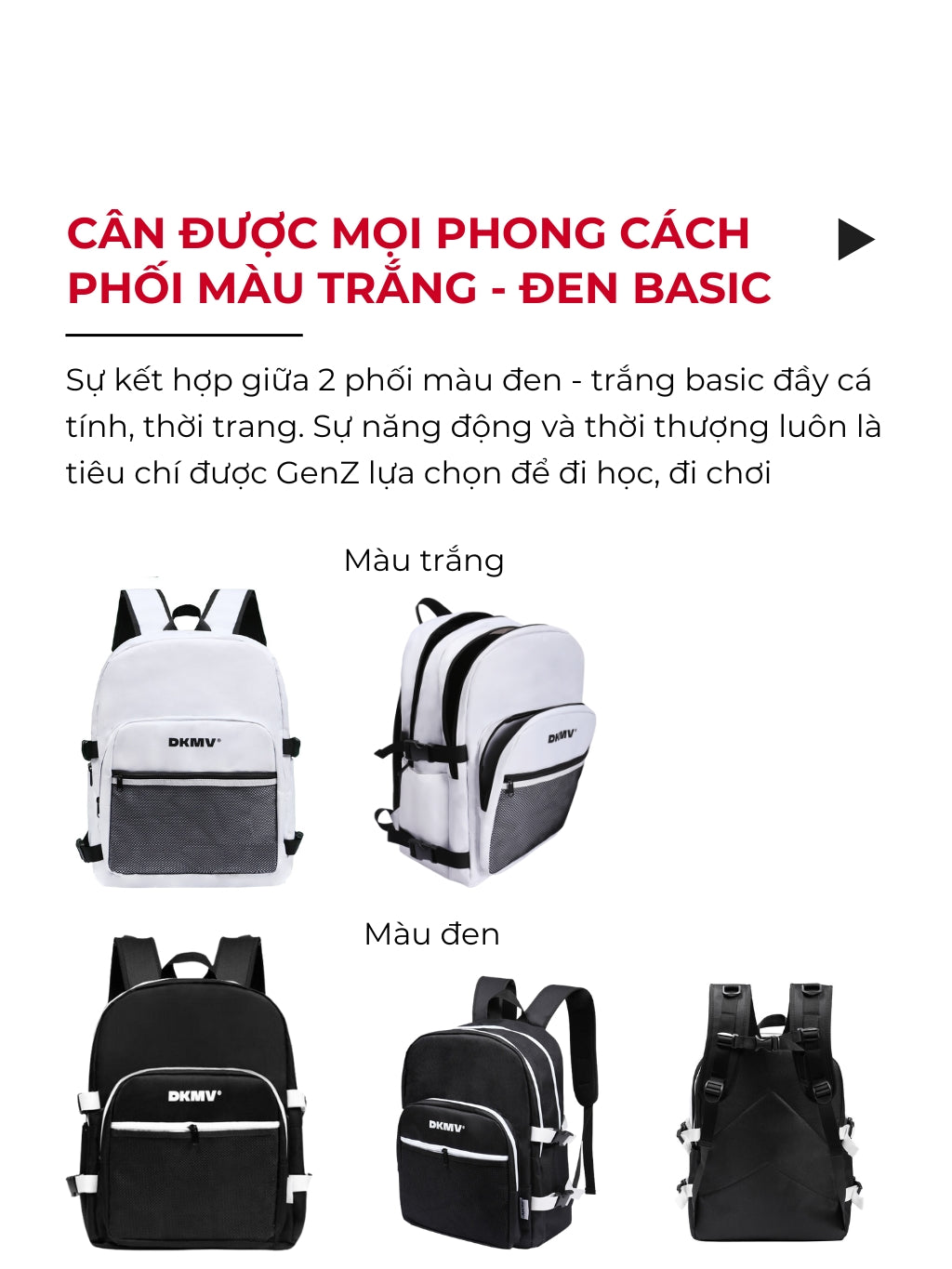 Black and white backpacks displayed with text in Vietnamese about color combinations.