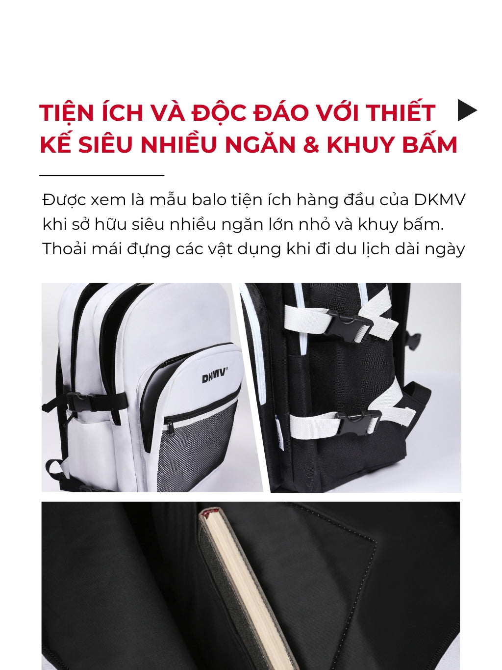 Backpack with multiple compartments and straps on a white background, featuring DKMV branding.