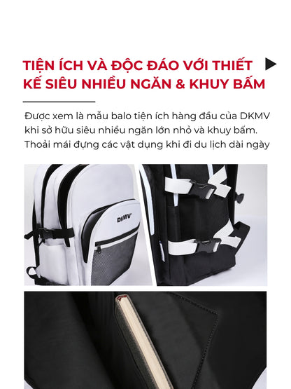 Backpack with multiple compartments and straps on a white background, featuring DKMV branding.