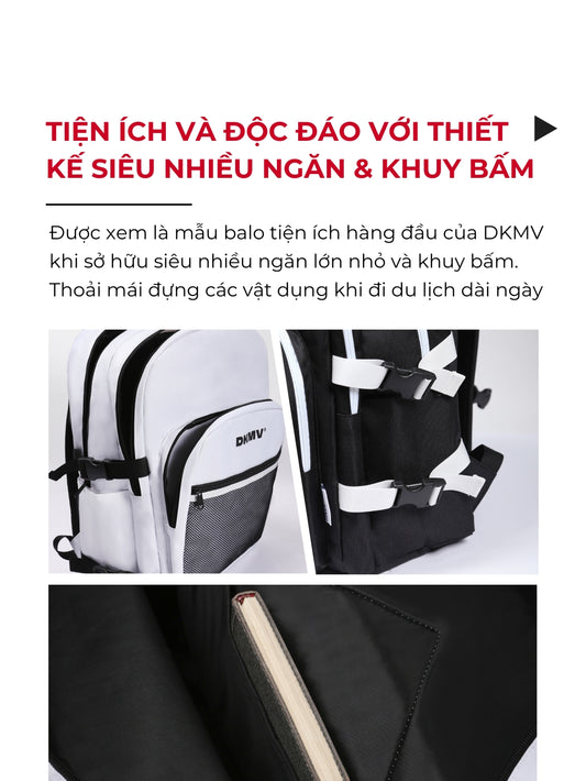 Backpack with multiple compartments and straps on a white background, featuring DKMV branding.