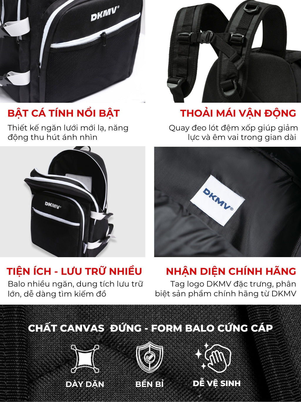 Black backpack with DKMV branding and features listed on a white background