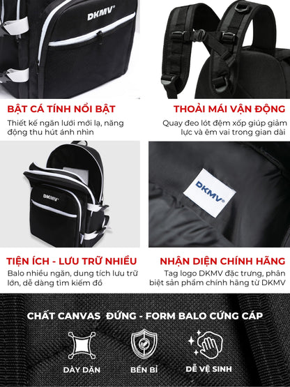 Black backpack with DKMV branding and features listed on a white background