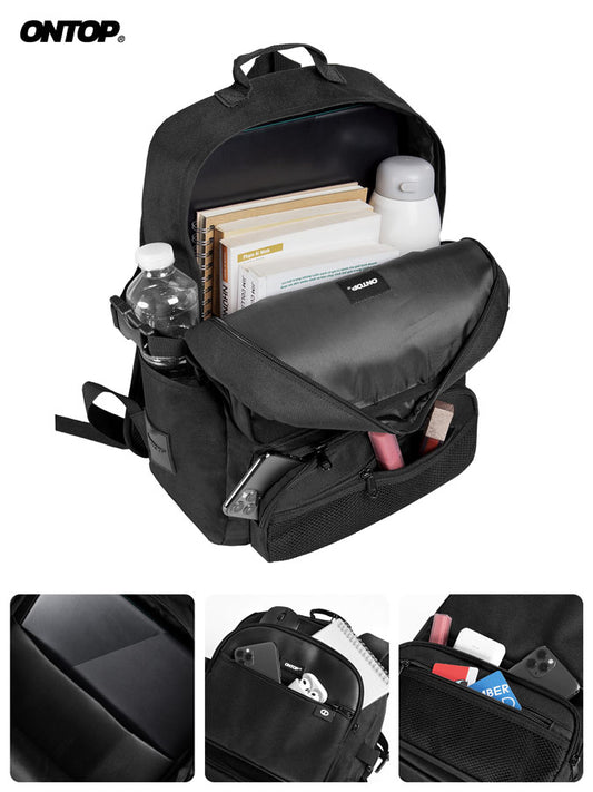 Black backpack with compartments filled with items on a white background, featuring the brand 'ONTOP'.