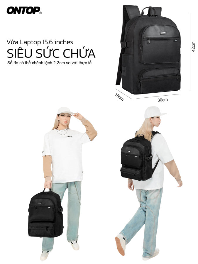 Black backpack with dimensions and a person holding it, featuring the ONTOP brand.