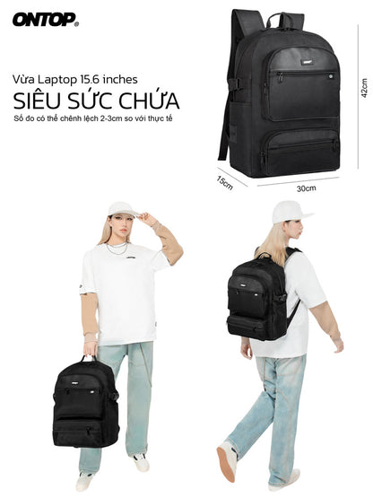 Black backpack with dimensions and a person holding it, featuring the ONTOP brand.
