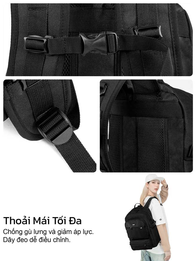Black tactical backpack with multiple views and a person wearing it.