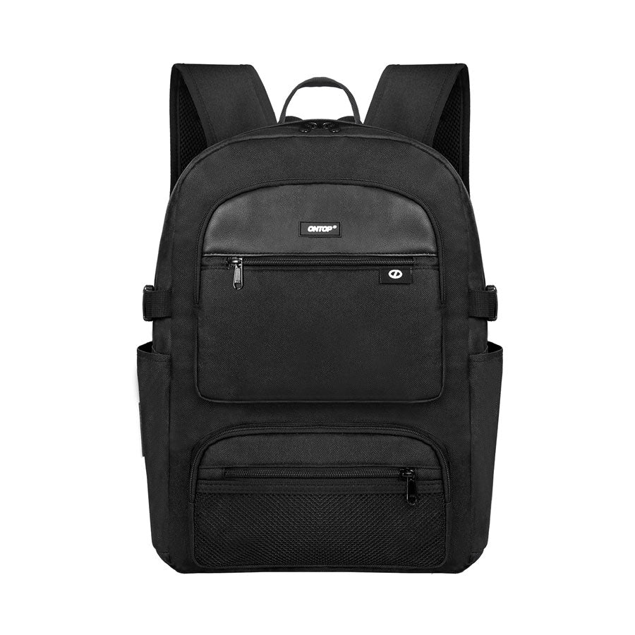 Black backpack with multiple pockets and a visible brand logo on a white background