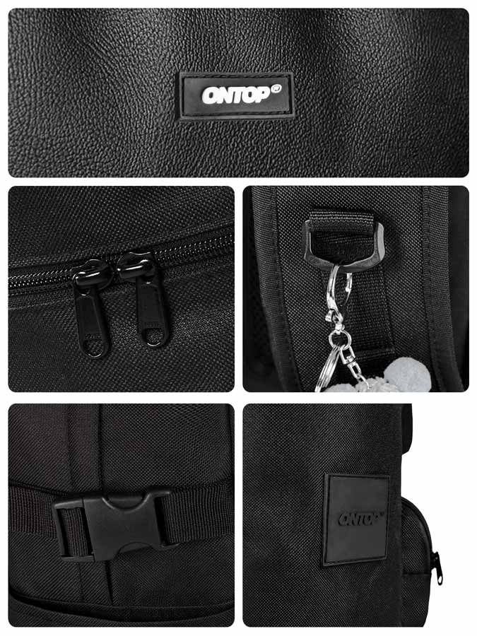 Collage of a black bag with various features and the brand 'ONTOP' visible.