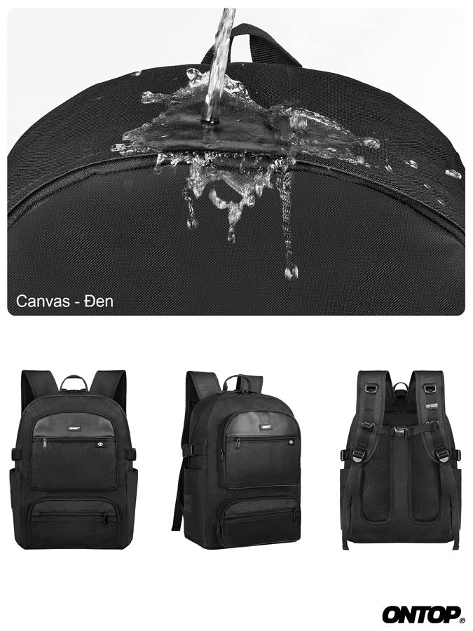 Black backpack with water splashing on it, followed by three views of a black backpack.
