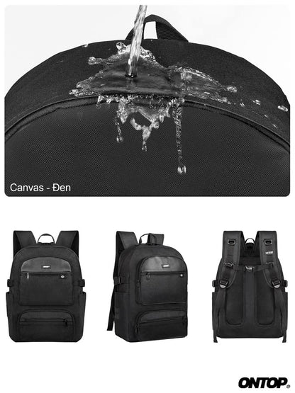 Black backpack with water splashing on it, followed by three views of a black backpack.