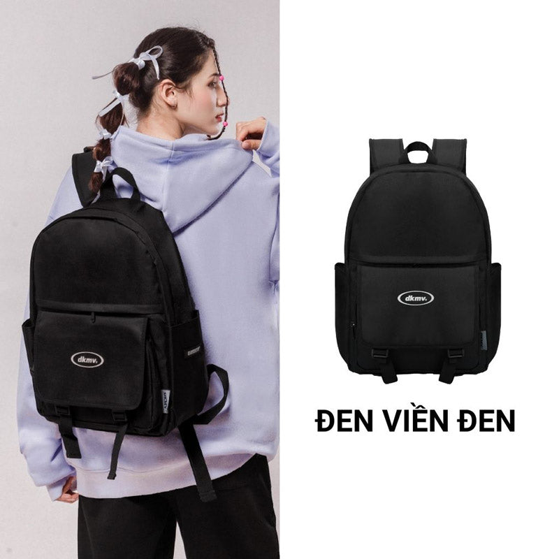 Person wearing a black backpack with a close-up of the backpack on a white background.