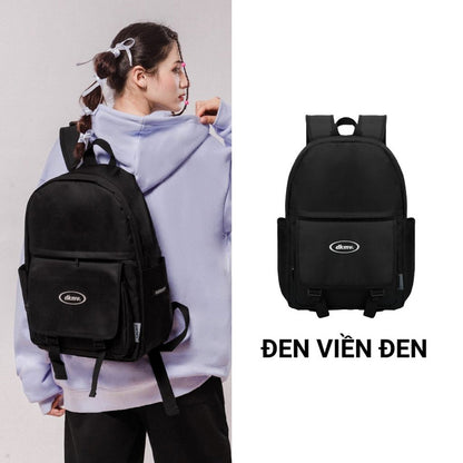 Person wearing a black backpack with a close-up of the backpack on a white background.