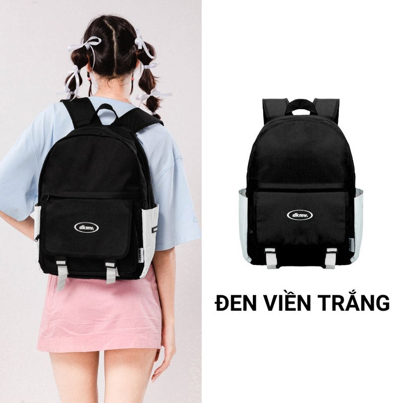 Black backpack with white trim worn by a person, shown from the back and front.