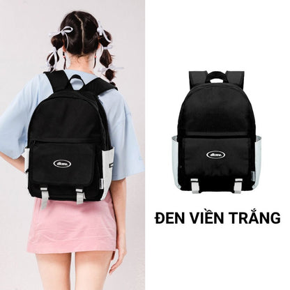 Black backpack with white trim worn by a person, shown from the back and front.