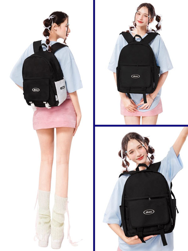 Person wearing a black backpack in three different poses on a white background