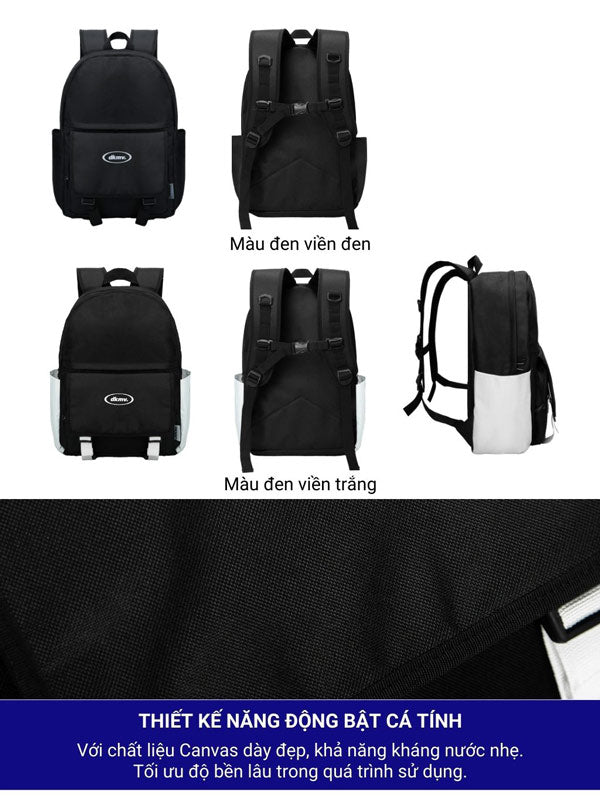 Black backpacks shown from different angles with color options on a white background.