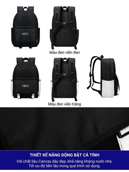 Black backpacks shown from different angles with color options on a white background.