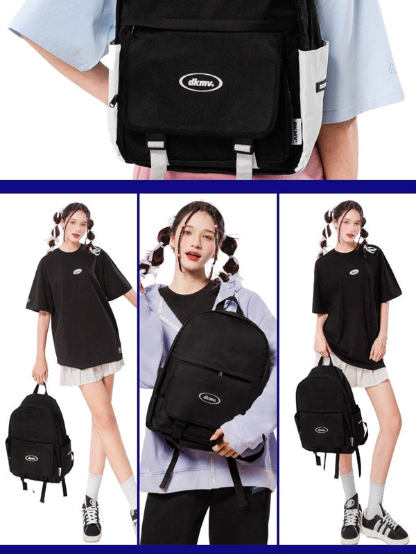 Black backpack with a brand logo worn by a person, displayed in various poses.
