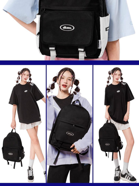Black backpack with a brand logo worn by a person, displayed in various poses.